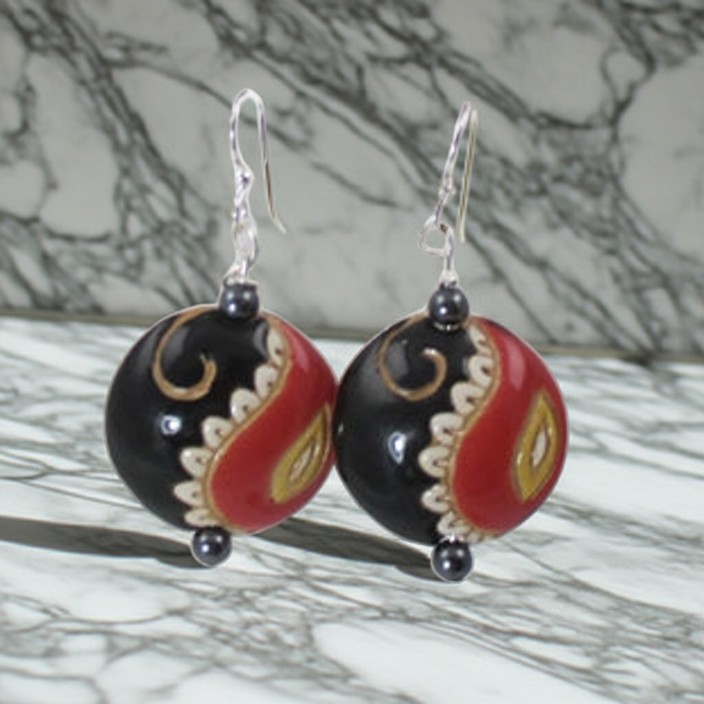 Handmade Hot Red Paisley Black & Red Earrings  Golem Design