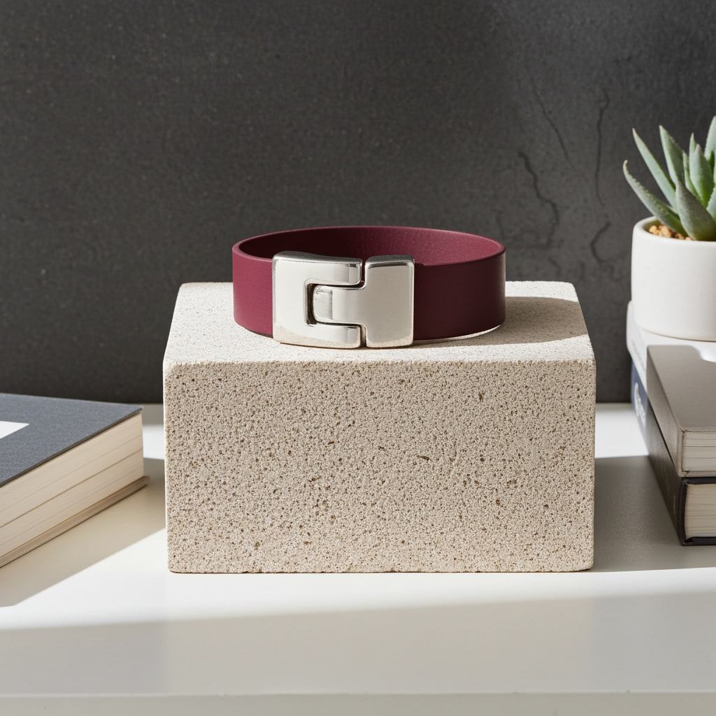 A burgundy leather belt with a polished silver-tone metal buckle, displayed on a textured beige stone block pedestal.