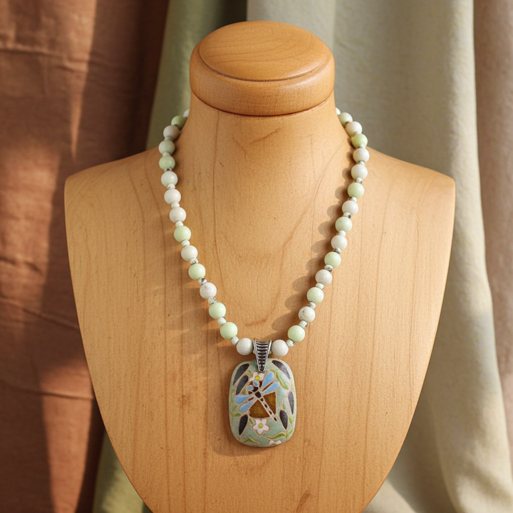 Green Dragonfly Pendant  and Chrysoprase Beaded Necklace