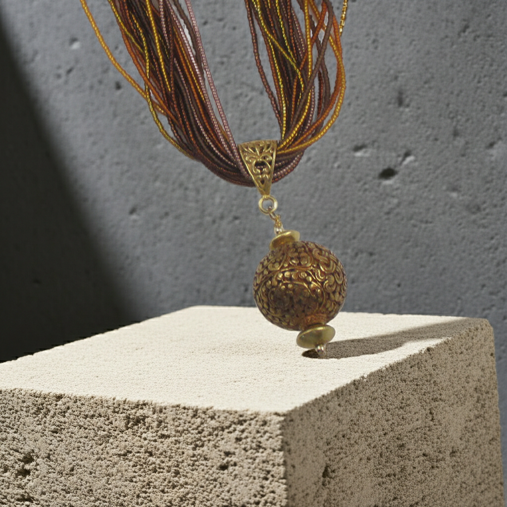 Brown & Copper Seed Bead Twisted Necklace with Gold Pendant