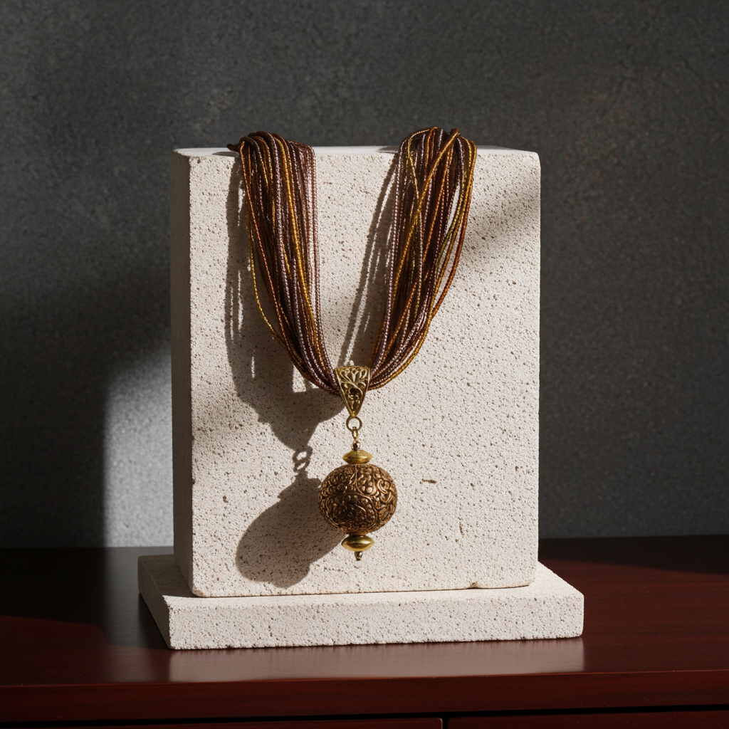 Brown & Copper Seed Bead Twisted Necklace with Gold Pendant