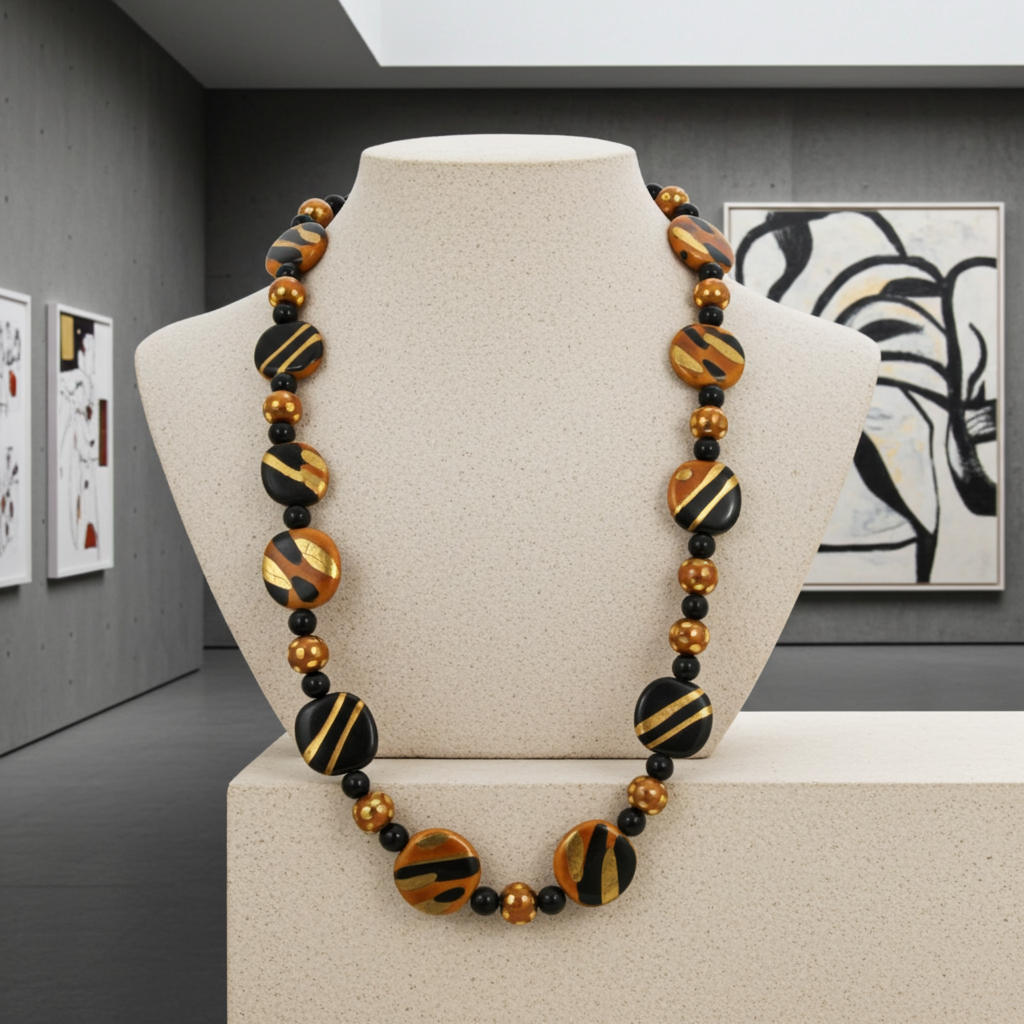 Black & Gold Kazuri Handmade Bead Necklace