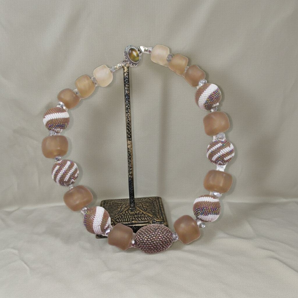 Chunky Beige and White Beaded Bead Designer Necklace