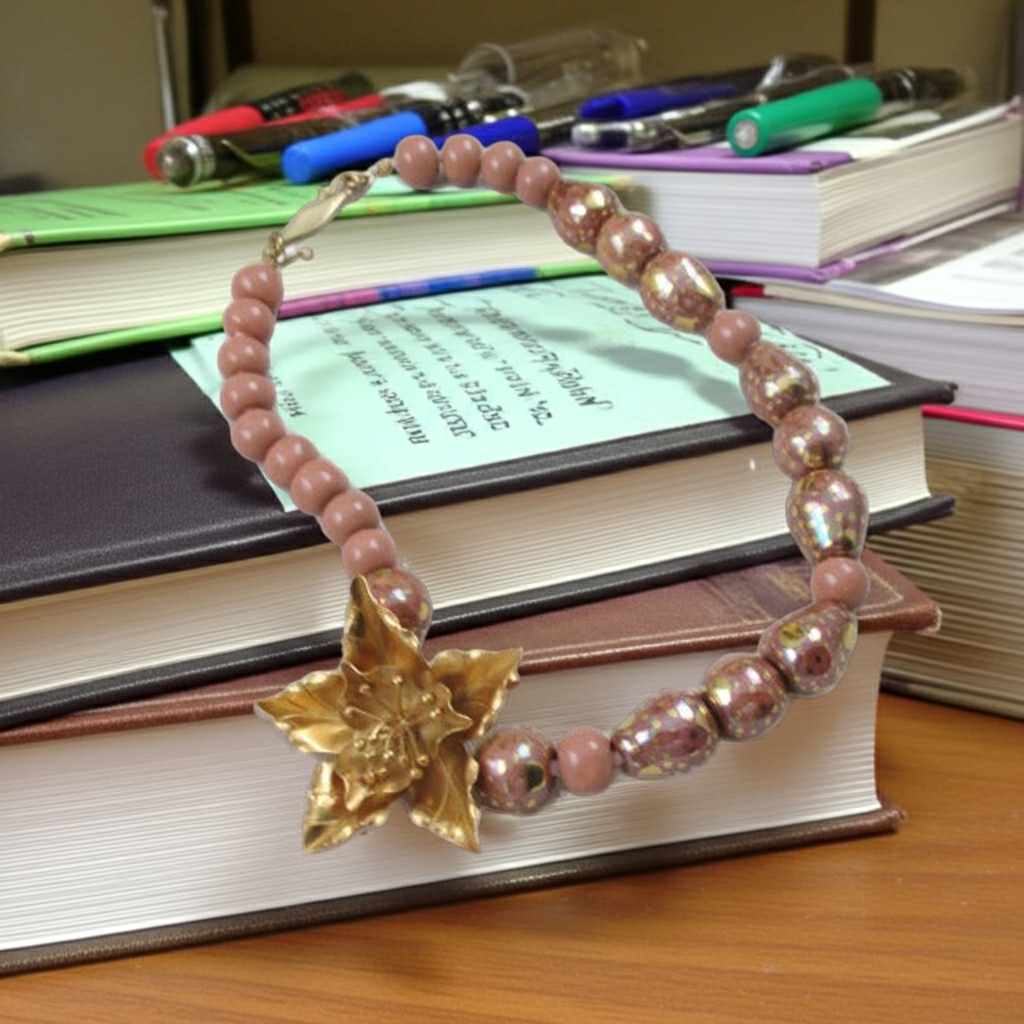 Kazuri Necklace in Rainbow Melon with Gold Flower