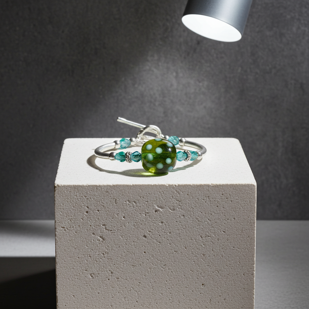 Aqua and Green Kazuri Bead Bangle Bracelet