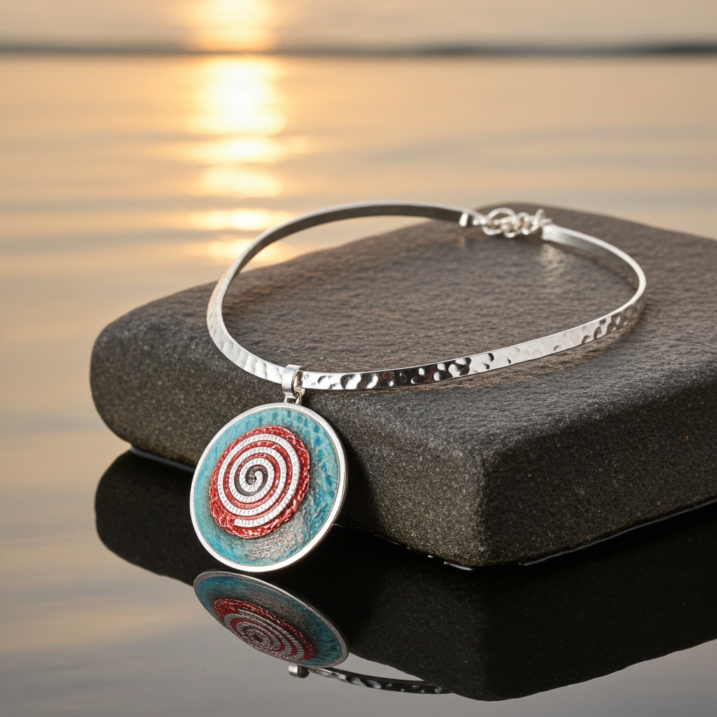 A silver bangle bracelet with a circular pendant featuring a red and turquoise spiral design, displayed on a dark stone block over a reflective water surface at sunset.