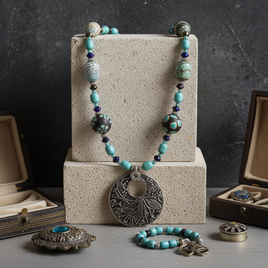 Aqua and Black Handmade Samunnat and Swazi Necklace