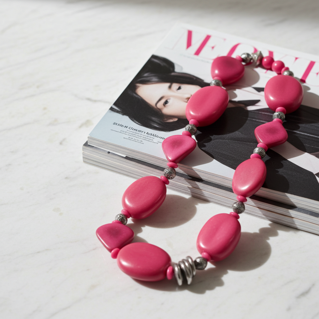 Big Bold Vegetable Ivory Tagua Nut Bead Necklace in Hot Pink