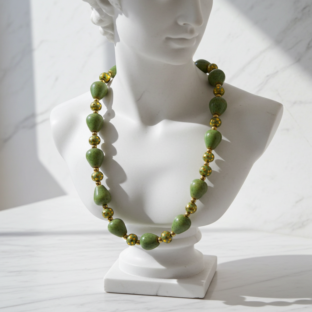 Peppermint Green and Gold Kazuri Necklace Fair Trade