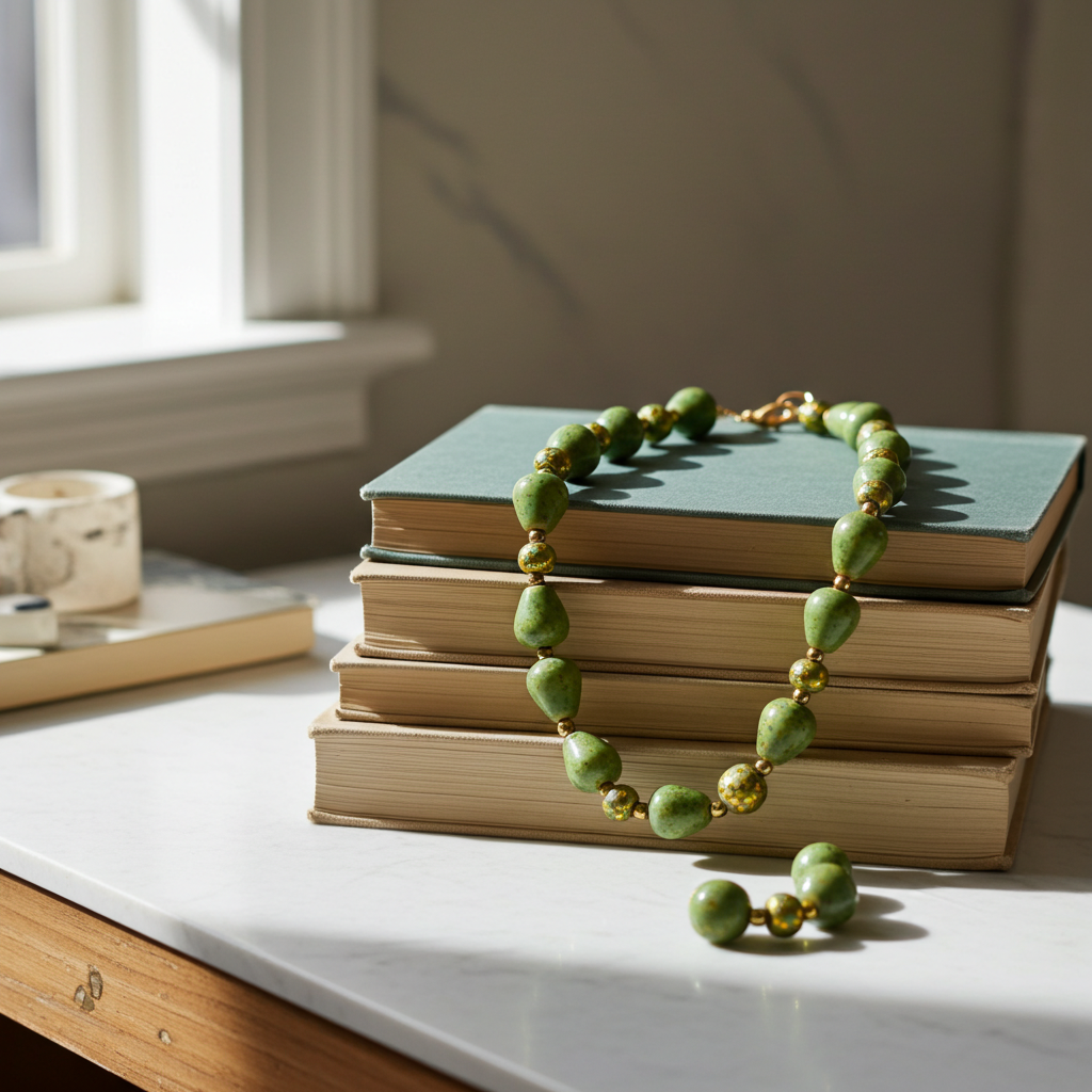 Peppermint Green and Gold Kazuri Necklace Fair Trade