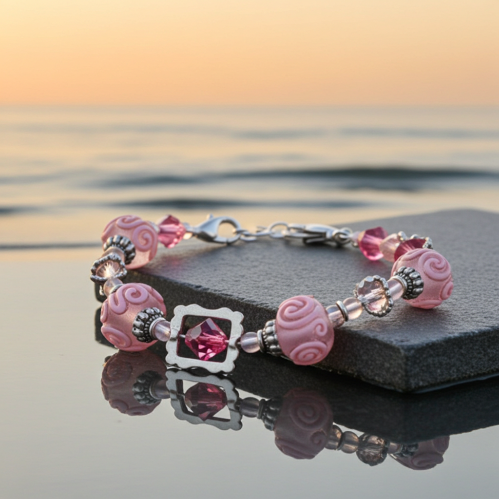 Hot Pink Glass Bead  & Crystal Bracelet