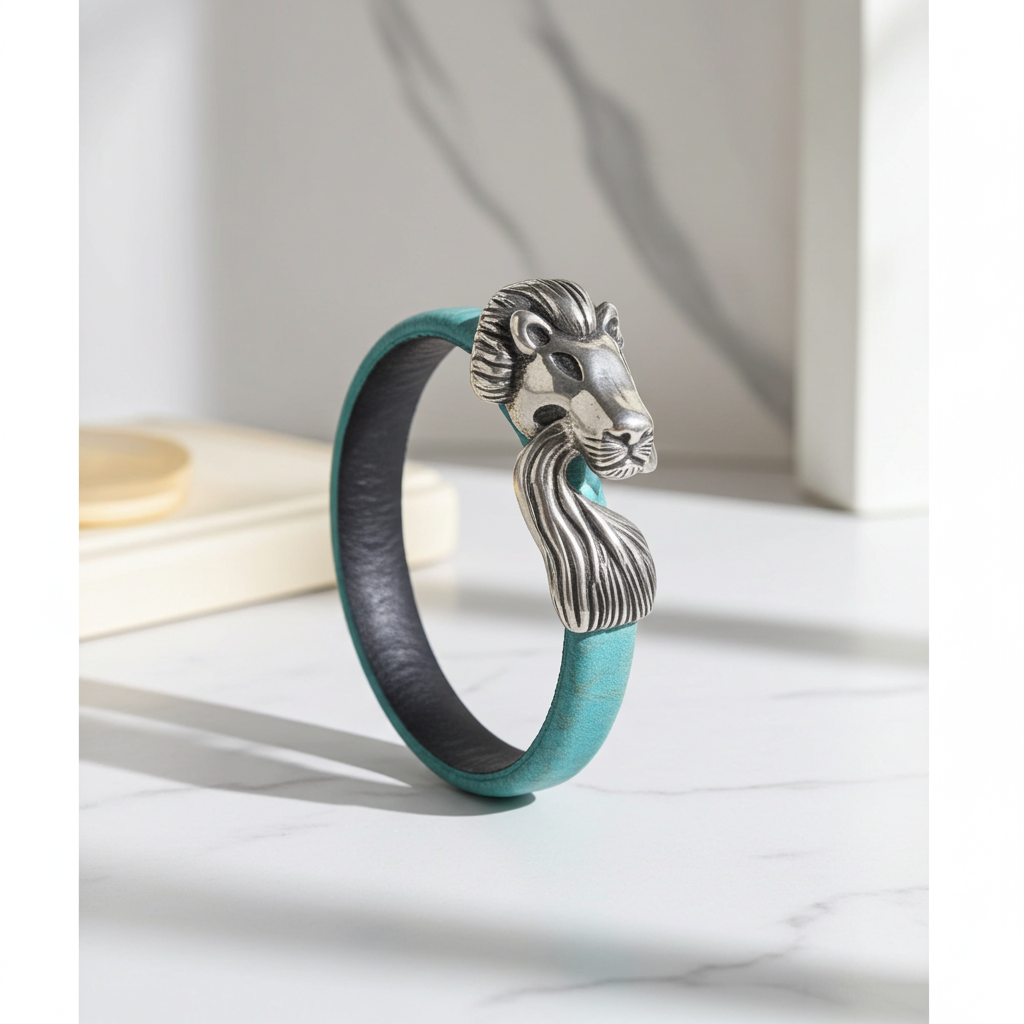 Mens Teal Leather Bracelet Lion Clasp
