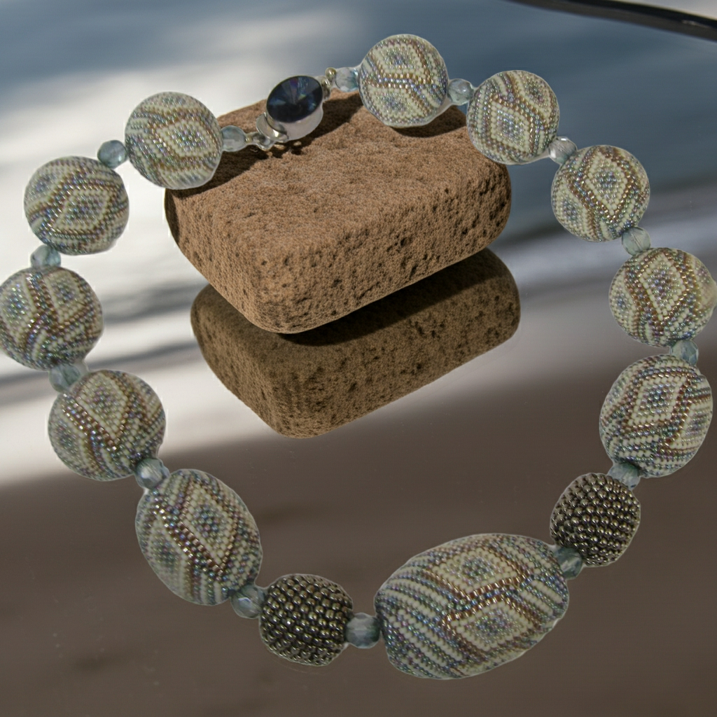 Exquisite Big Bold Chunky Bead Necklace in Cream Blue and Silver