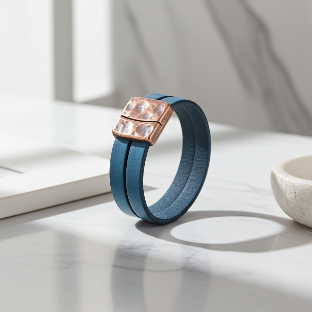 Teal Blue Double Strand Flat Leather Bracelet