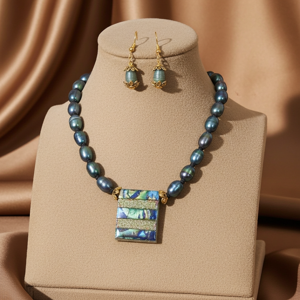 Dark Blue Pearl Necklace & Earrings
