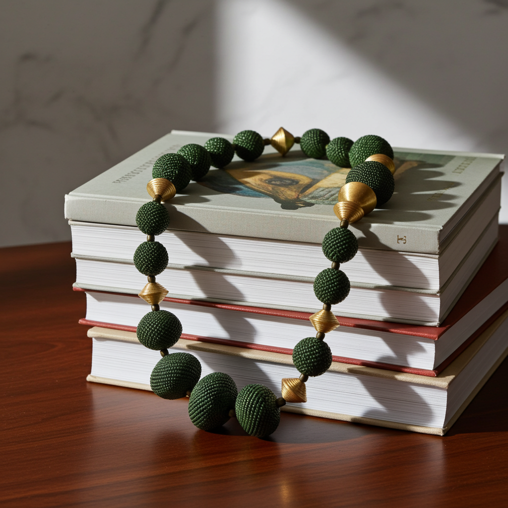 Big Bold Gold and  Green Exotic Bead Necklace