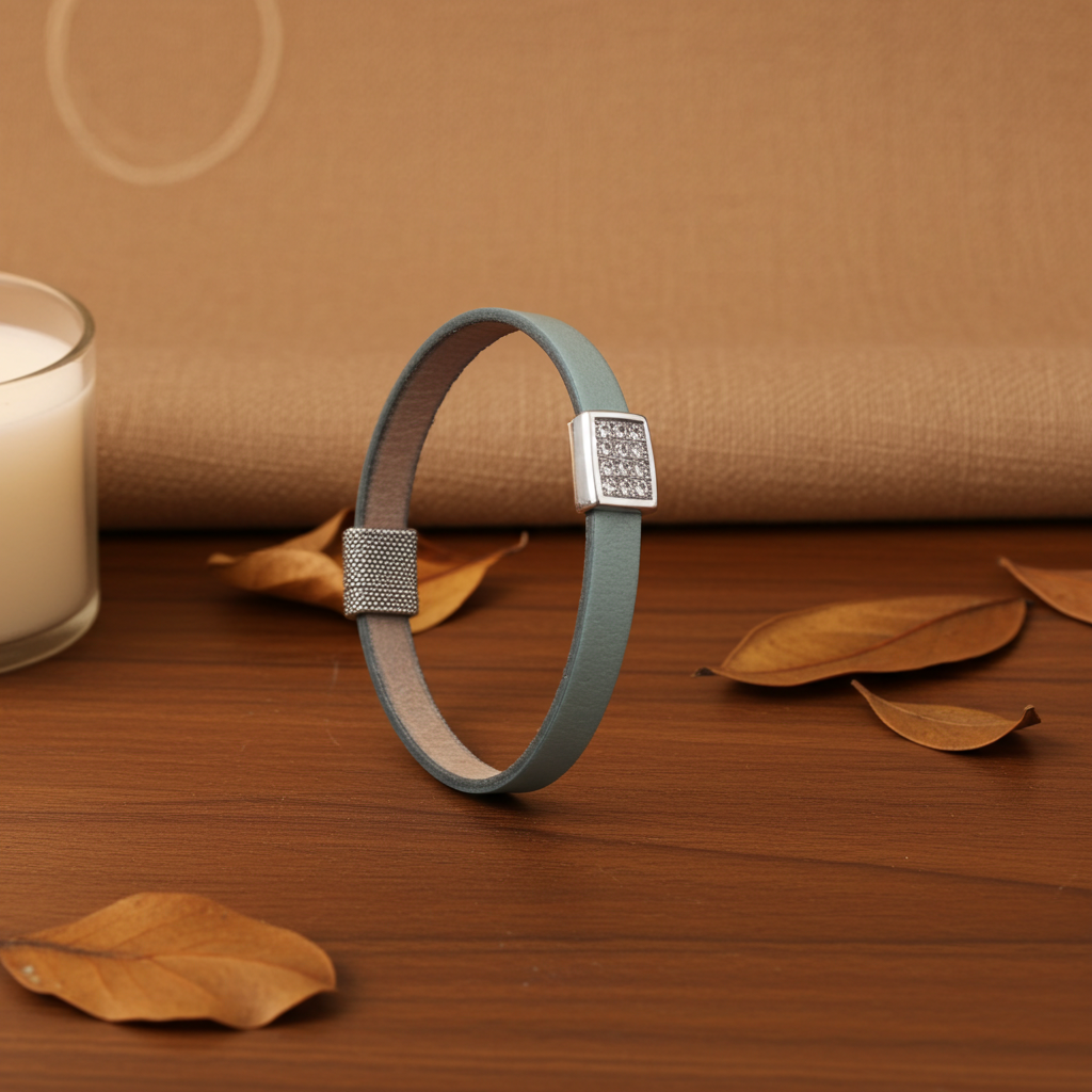 Aqua Flat Leather Bracelet with Crystal Focus