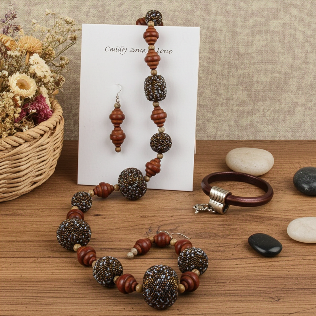 Wood & Beaded Bead Necklace Earrings and Leather Bracelet JSet