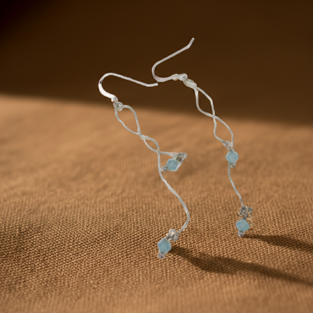 Long Dangling Earrings Sterling Silver and Aqua Crystal