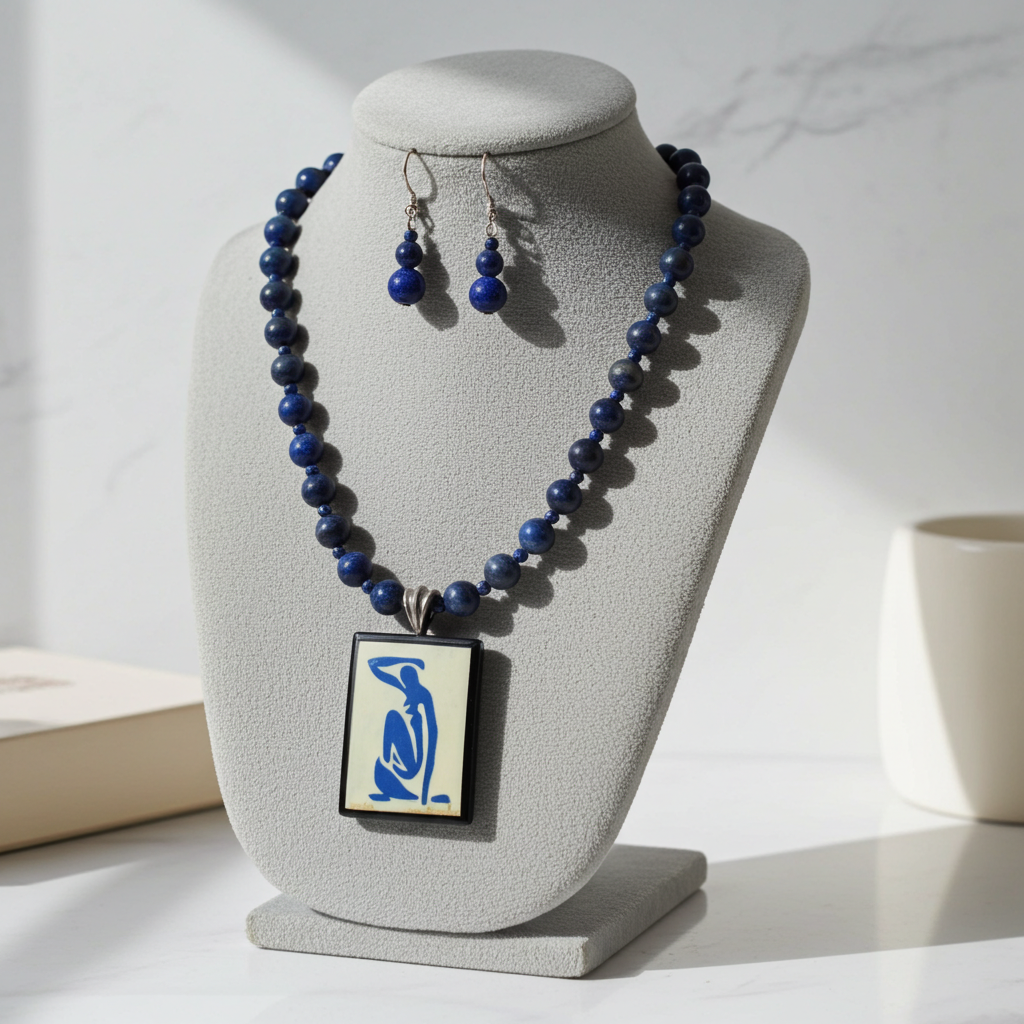 Lapis Lazuli Gemstone Blue Woman Pendant Necklace & Earrings
