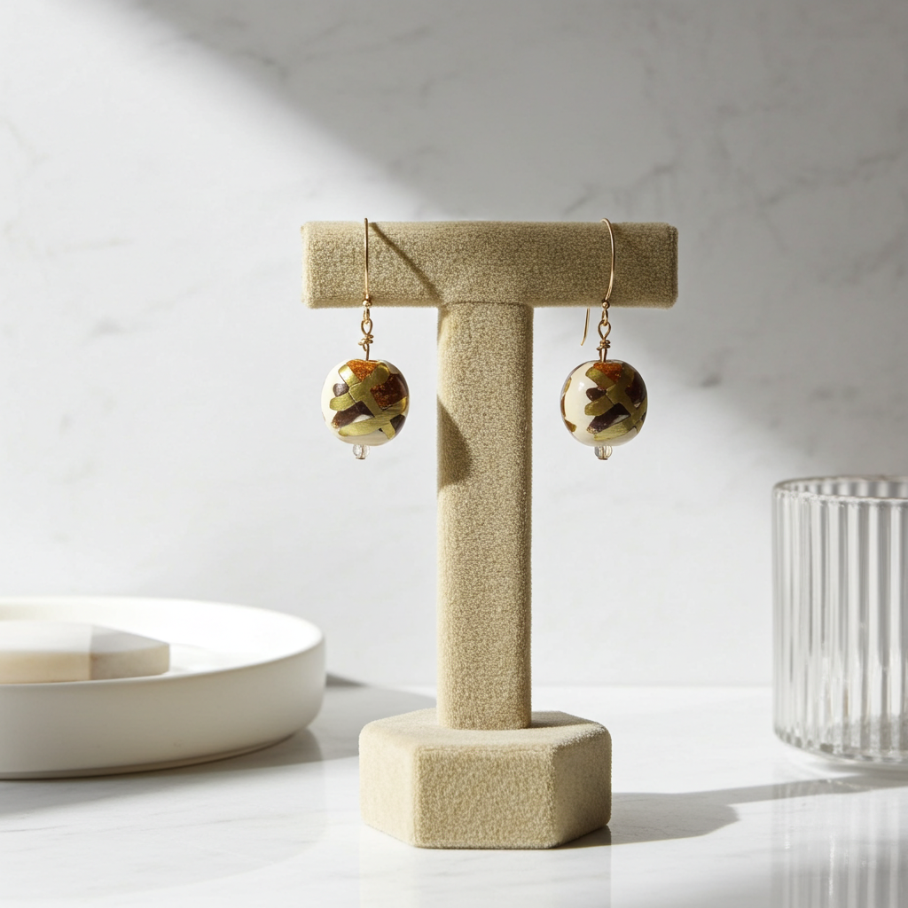 Handmade Bead Kazuri Earring in Cream Brown and Gold