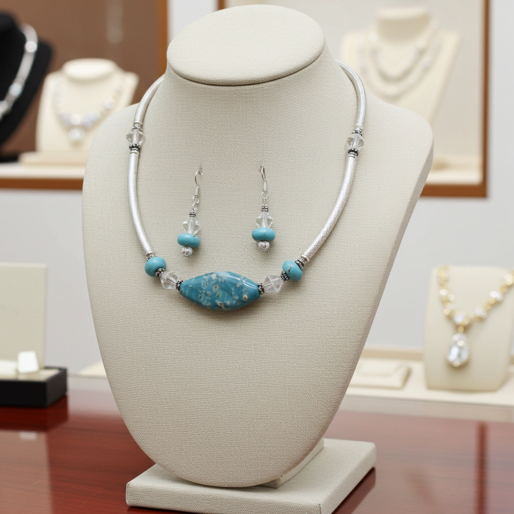 Aqua Handmade Artisan  Bead Necklace & Earring Set