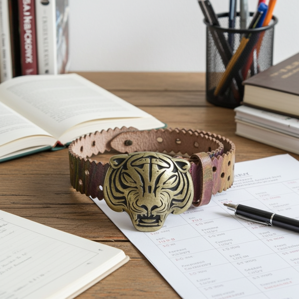 A leather belt with a large bronze tiger head buckle, displayed on a wooden desk surrounded by books, papers, and a pen.