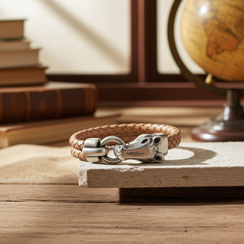 Beige Braided Leather Horse Head Woman's Bracelet