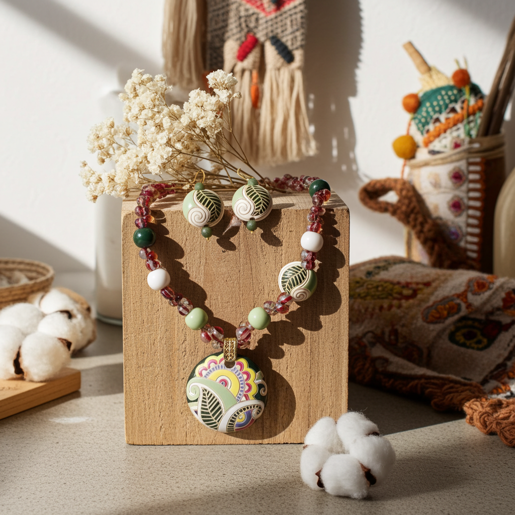 Handmade Green & Beige Artisan Bead Necklace & Earrings