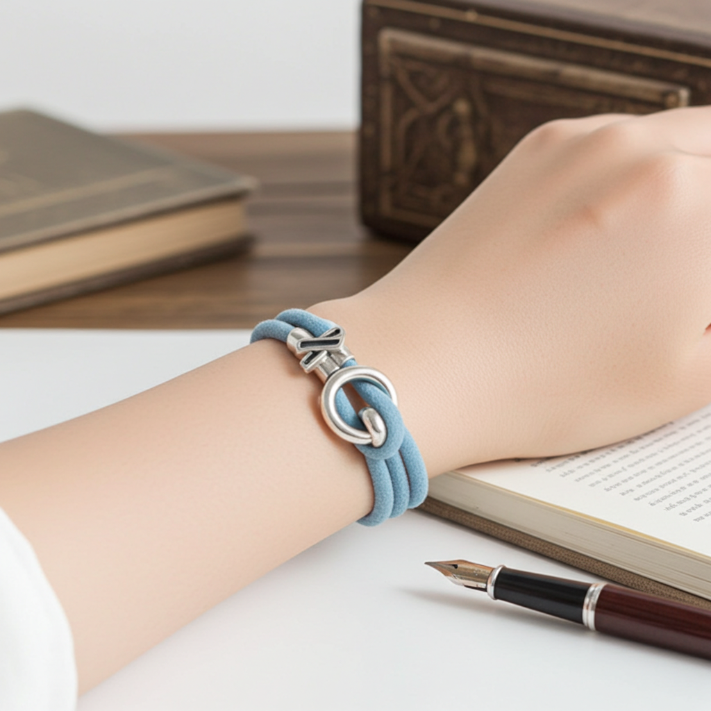 A light blue braided cord bracelet with a silver-toned knotted ring clasp, shown worn on a person's wrist resting on a desk with books and a pen.