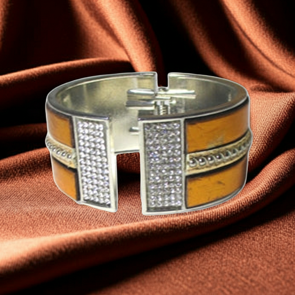 Metellic Copper Wide Crystal Cuff Bangle Bracelet in Leather