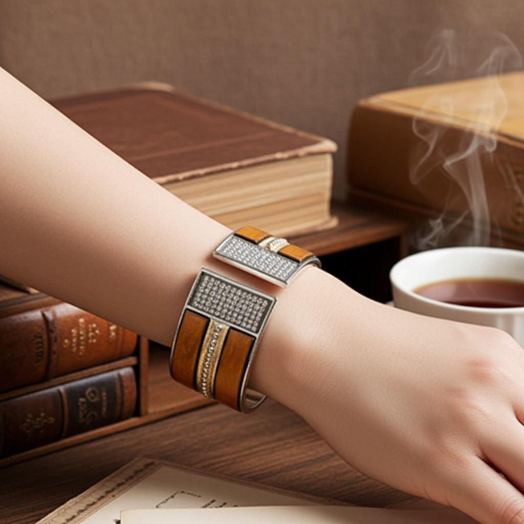 Metellic Copper Wide Crystal Cuff Bangle Bracelet in Leather