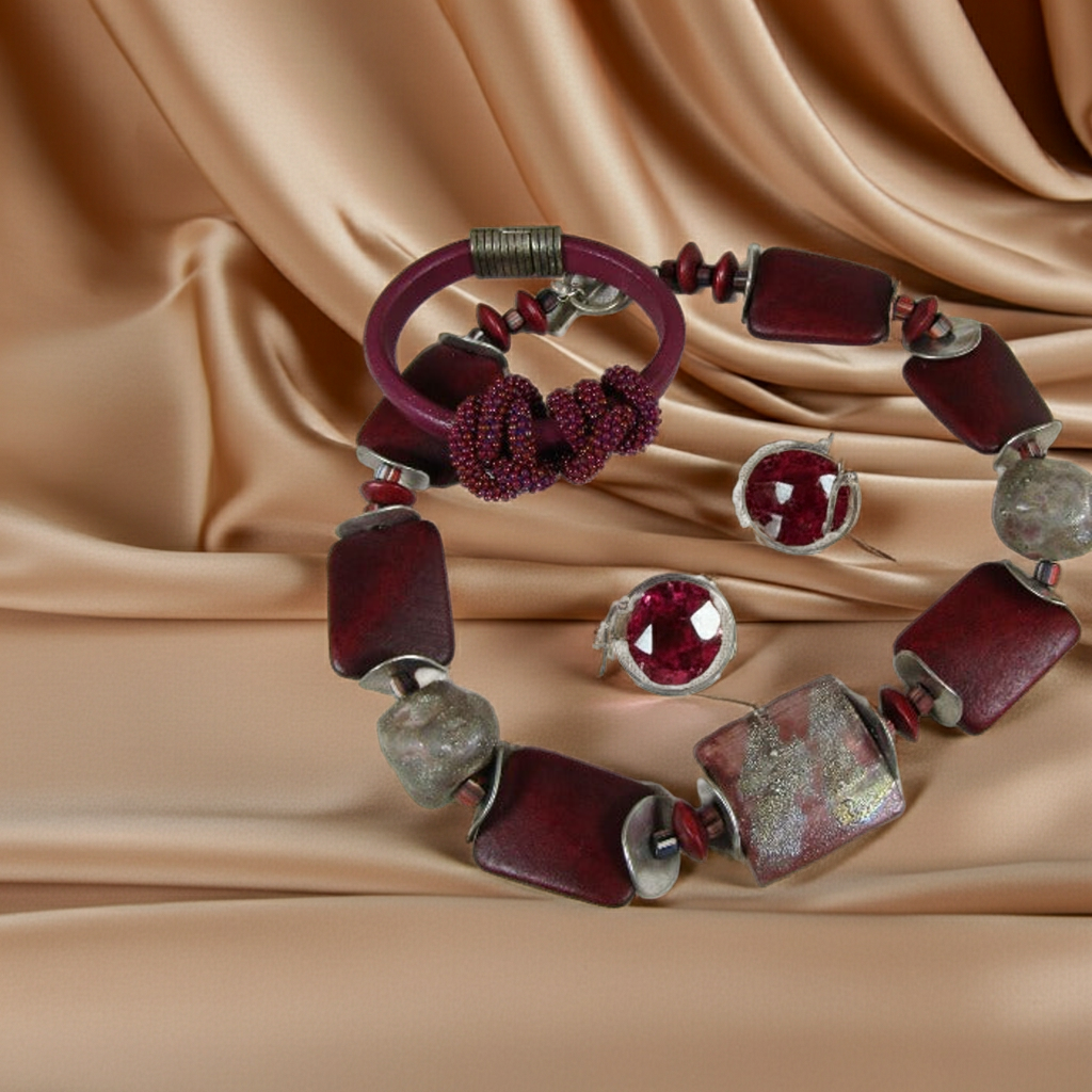 Handmade Raku, Wood and Licorice Leather Jewelry Set in Maroon