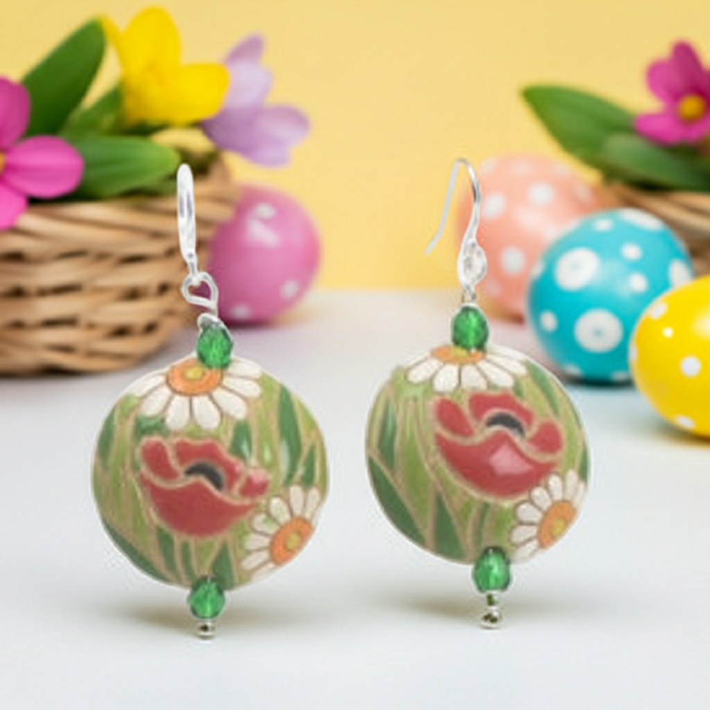 Handmade Green & Red Poppy Ceramic Earrings  Golem