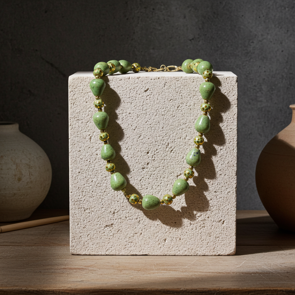 Peppermint Green and Gold Kazuri Necklace Fair Trade