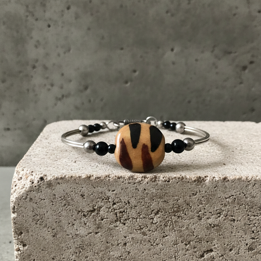 Bangle Bracelet with Fair Trade Tiger Kazuri Bead