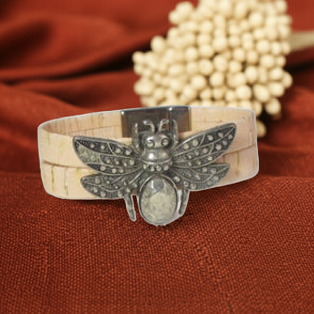Portuguese Cork Cuff Bracelet with Silver Beetle Accent