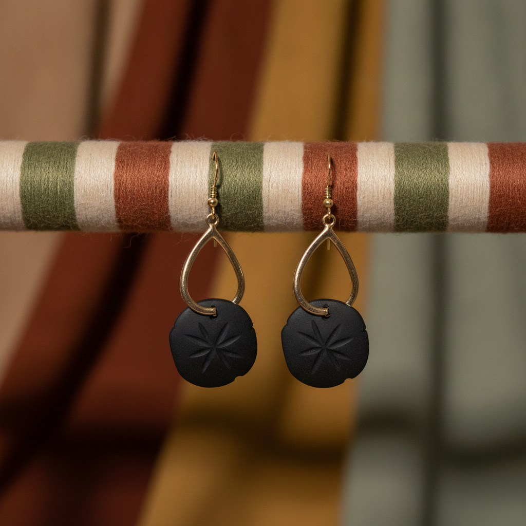 Black Sand Dollar Sea Glass Drop Earrings Gold