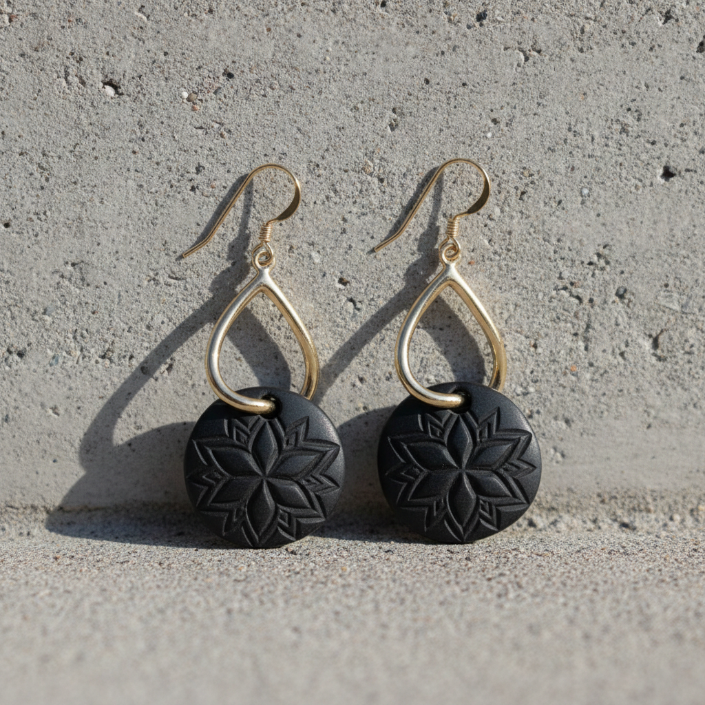 A pair of black circular drop earrings with an embossed floral pattern, suspended from gold teardrop-shaped hooks with fishhook wires, resting on a textured gray concrete surface.