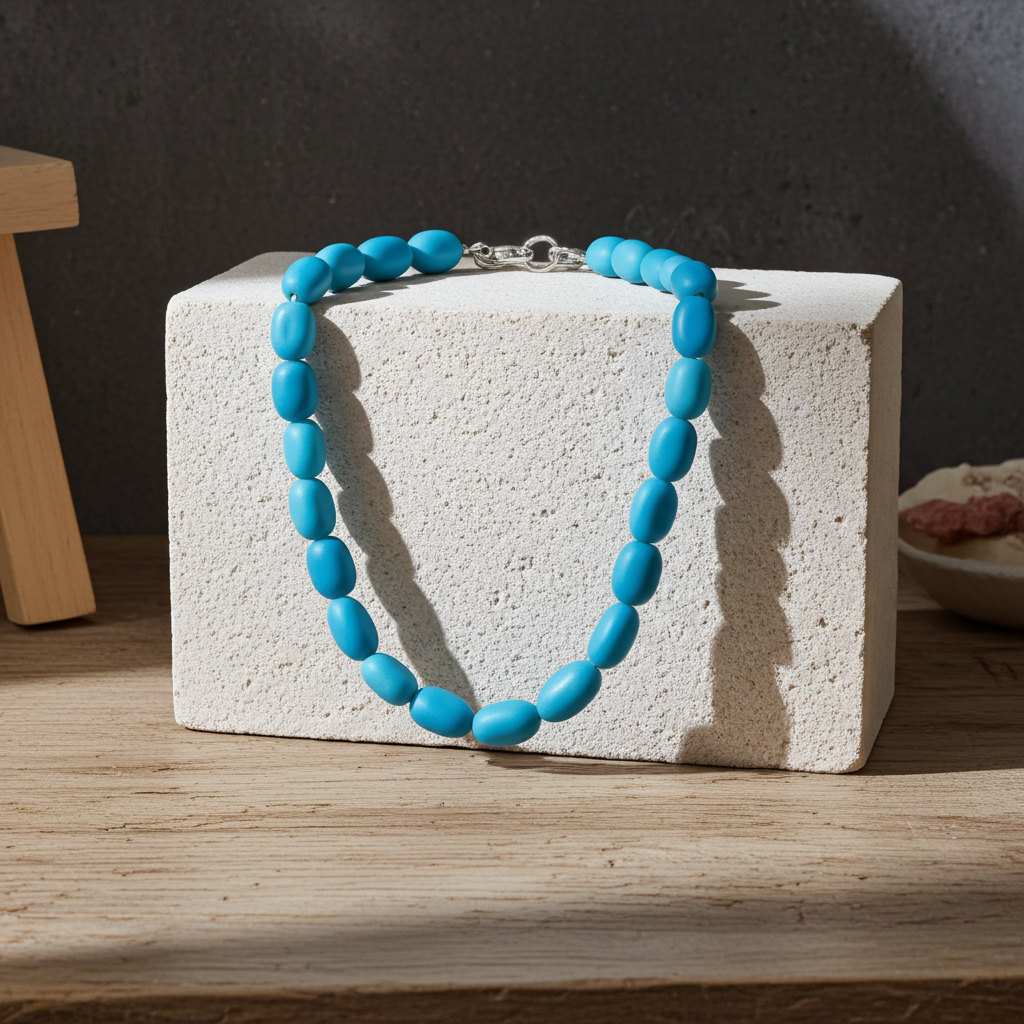 Blue beaded necklace on a white block with a dark background