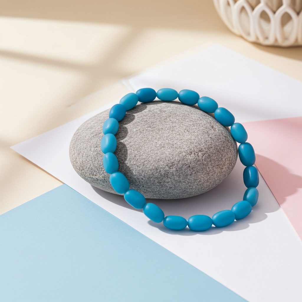 Blue beaded bracelet on a gray stone with a minimal background