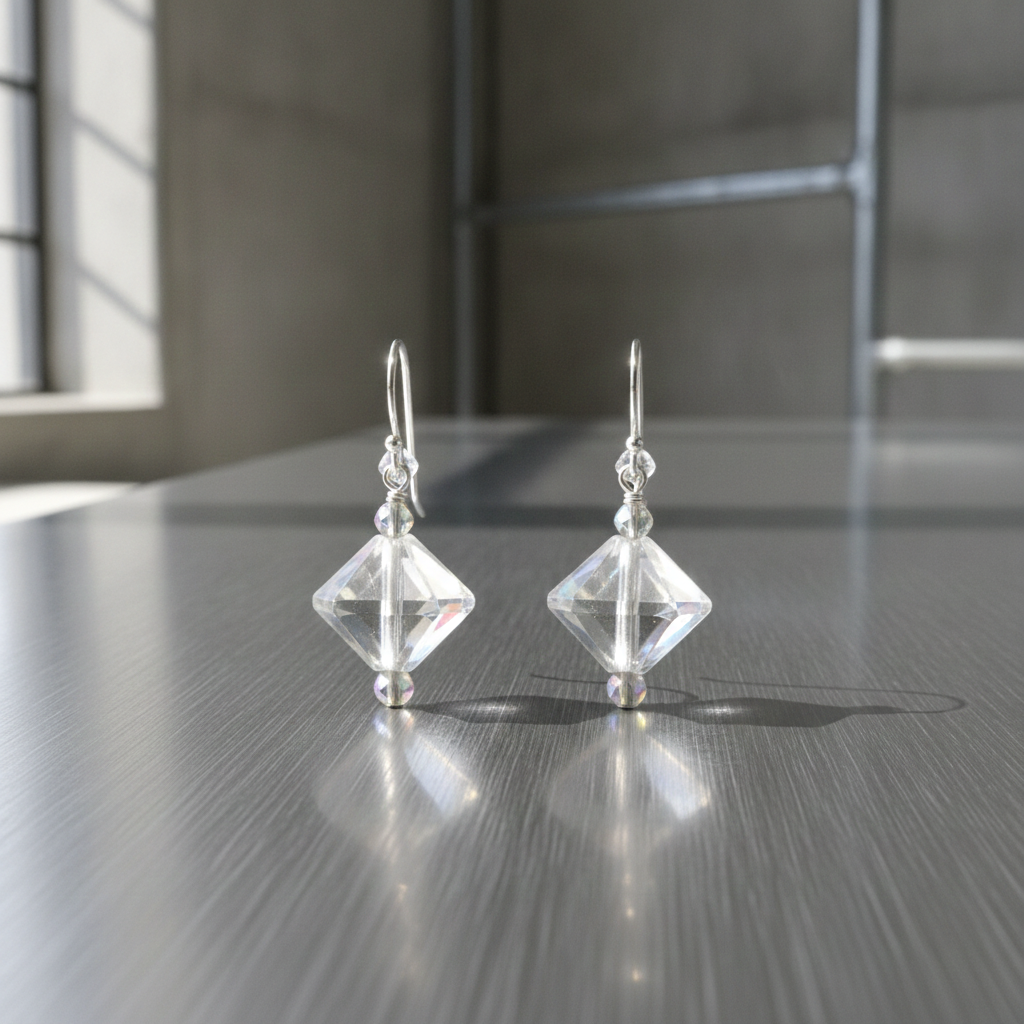 Rock Crystal Quartz Cube Earrings- Gold Ear Wires