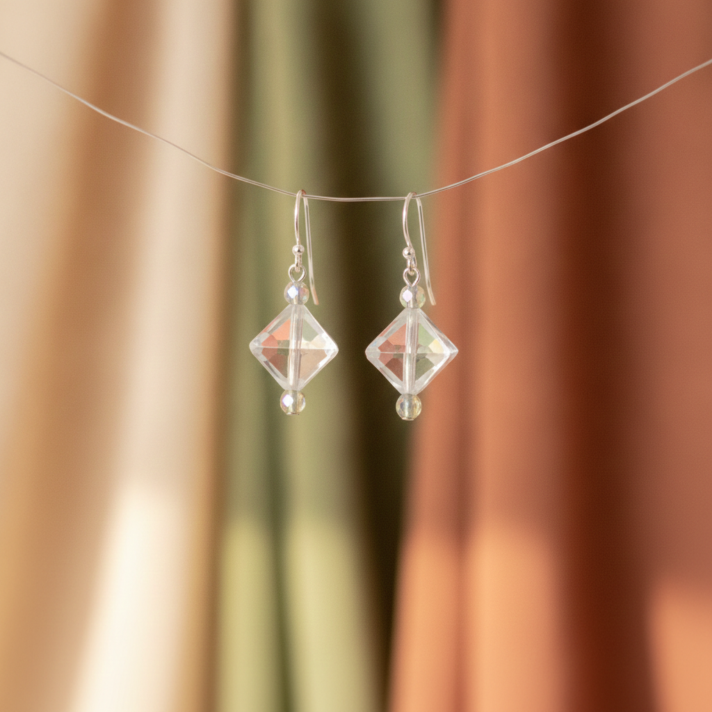 Rock Crystal Quartz Cube Earrings- Gold Ear Wires