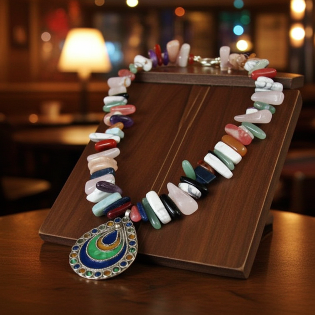 Mixed Gemstone Tusk - Statement Pendant Necklace