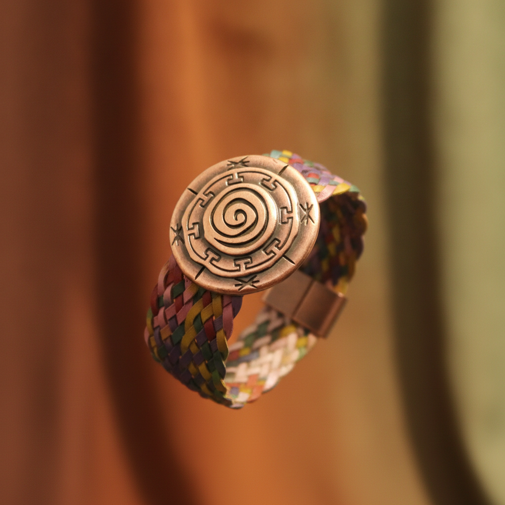 Copper and Multi-colored Braided Leather Cuff Bracelet