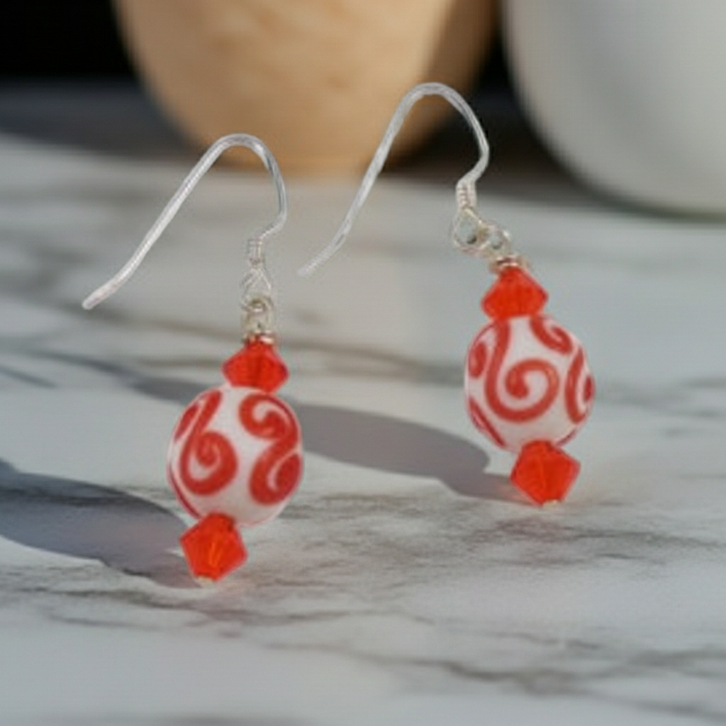 Crystal & Swirled Hibiscus Lampwork Silver Earrings