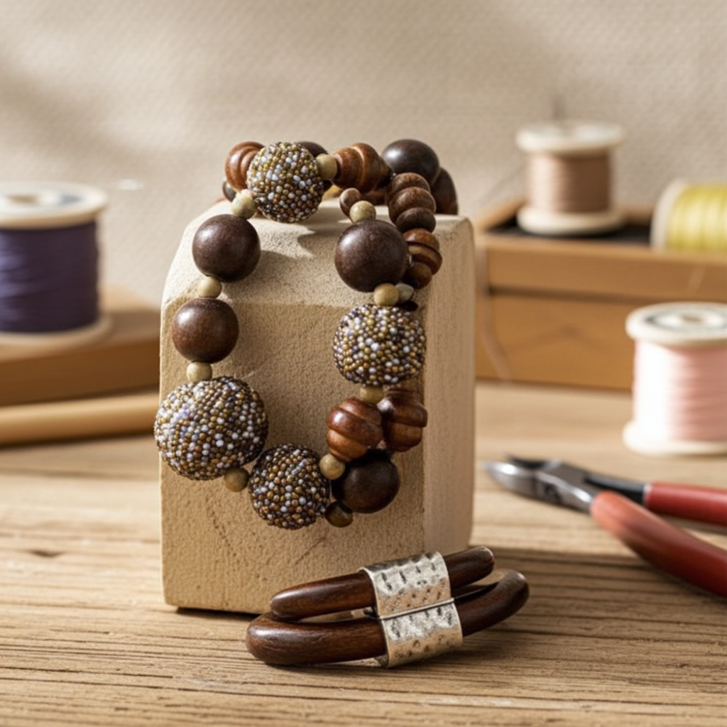 Wood & Beaded Bead Necklace Earrings and Leather Bracelet JSet