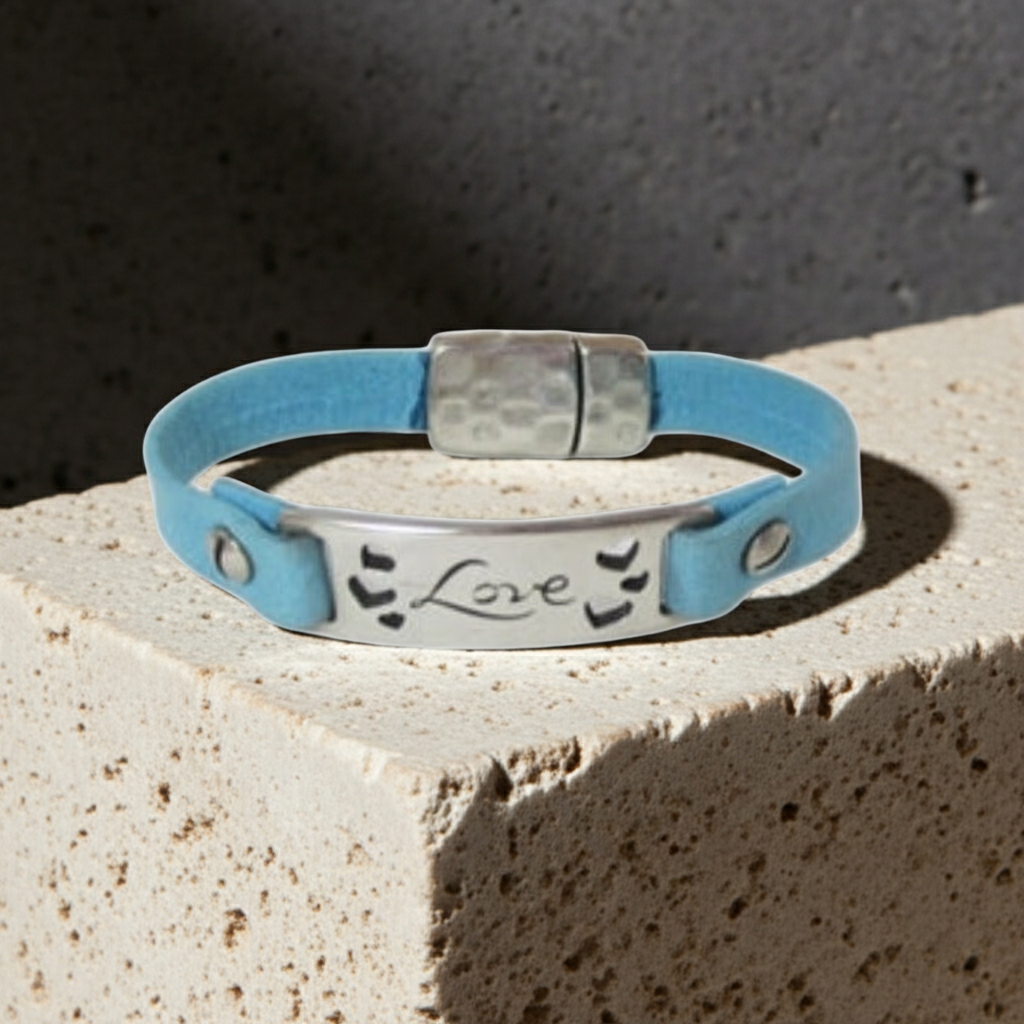 Blue Leather ID Style Bracelet with Love Bar