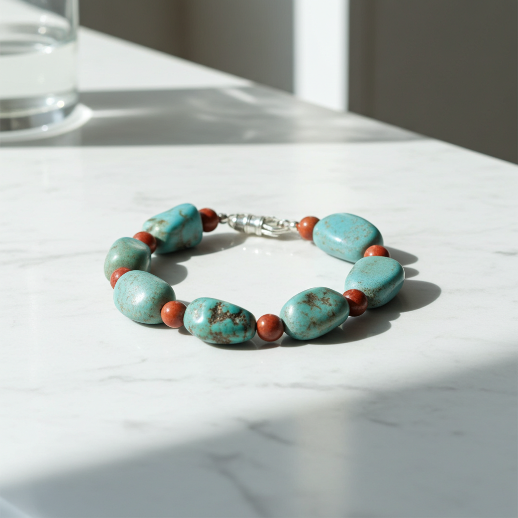 Turquoise Nugget and Red Bead Bracelet