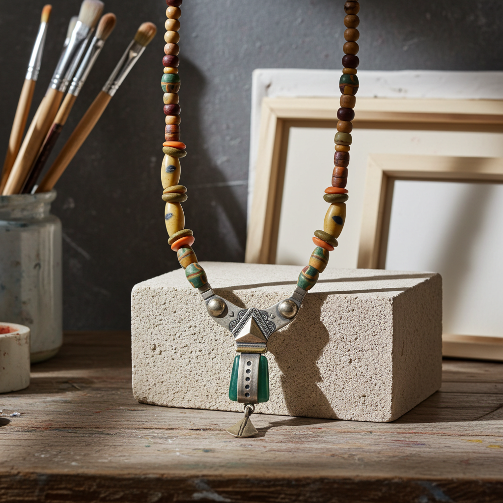 African Antique Silver & Jade Beaded  Pendant Necklace